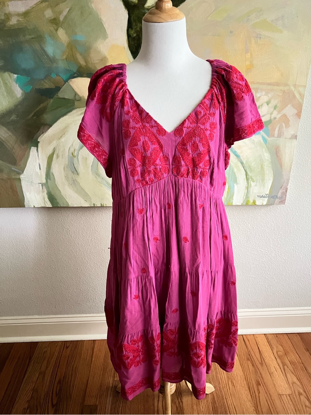 Hale Bob Pink Mena Embroidered Flutter Sleeve Gauze Dress - extra large